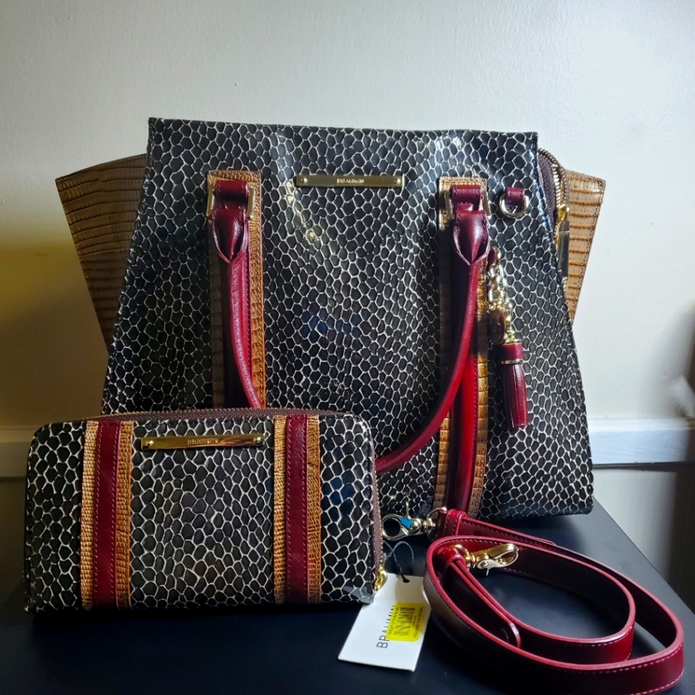 Brahmin Priscilla Satchel Brown Rooksbury with matching Suri Wallet